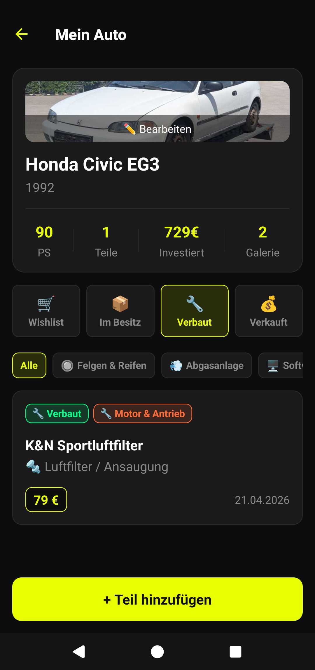 Mein Auto — Detailseite mit PS, Teilen und Investitionen